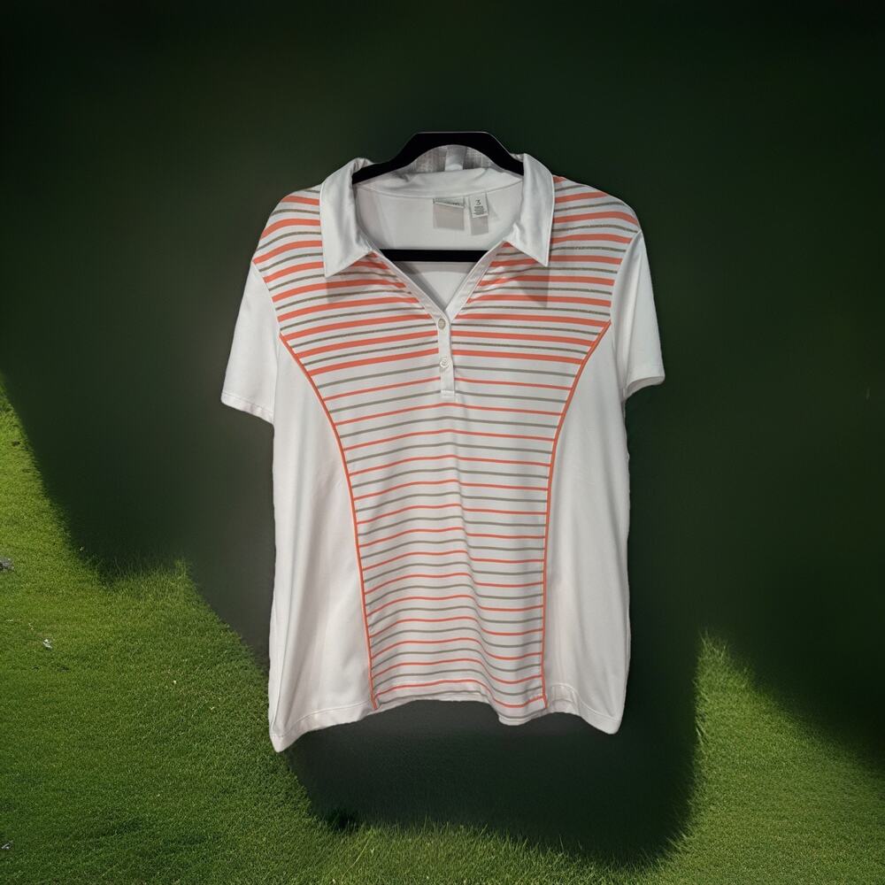 Chico's Zenergy Polo Top Golf Pickleball UPF 50 Peach White Stripe 3 XL